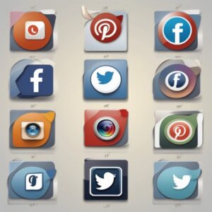 Product image-818595287047 displays a grid of twelve stylized social media icons on folder-like backgrounds with colorful artistic overlays, representing platforms like Instagram, Twitter, Facebook, and Pinterest.