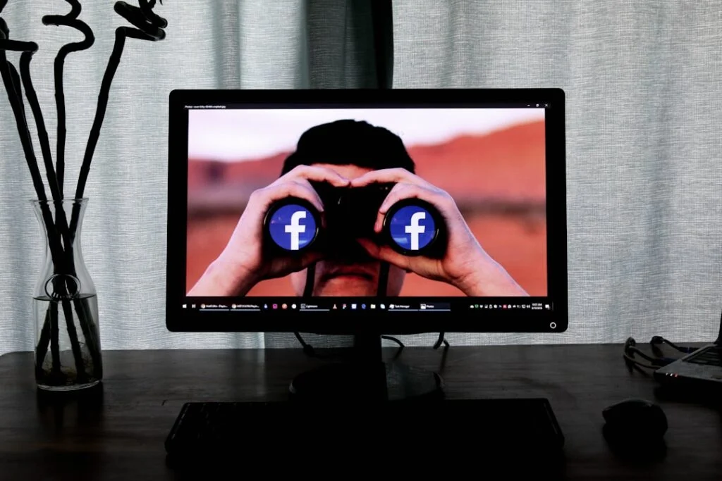The digital artwork, identified as image-56, portrays an individual on a computer screen peering through binoculars that display the Facebook logo on each lens. This setup rests on a dark desk adorned with a vase of abstract black flowers in front of light-colored curtains.