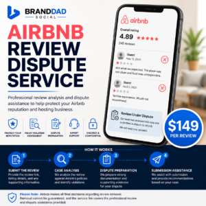 An infographic for ChatGPT Image Jun 7, 2026, 03_48_59 PM shows Airbnb reputation management. A phone displays a 4.89 rating and negative reviews. The service offers expert review analysis and dispute help for $149 in four steps.