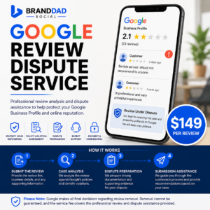 Promotional graphic for ChatGPT Image Jun 7, 2026, 04_11_57 PM, showing a phone with negative Google reviews, service steps, icons, $149 per review price, and a disclaimer that removal of Google reviews is not guaranteed.