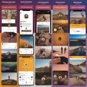 The collage "image-1038479278846" displays diverse smartphone app interfaces with real people sharing via unique layouts. Each screen blends profile pictures, text, and colorful backgrounds, emphasizing the dynamic nature of social media and messaging apps.