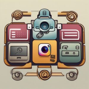 A vivid, abstract illustration titled "image-1486709712407" symbolizes social media growth services and tech featuring camera and Instagram icons. It’s encircled by chat bubbles and setting icons, all arranged within a structured design on a neutral backdrop.