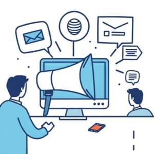 Illustration titled "image-1734385768681" shows two people in an office. One faces a large monitor with a megaphone, enveloped by communication icons (like an envelope), representing targeted audience growth strategies. A smartphone on the desk and speech bubbles symbolize digital communication.