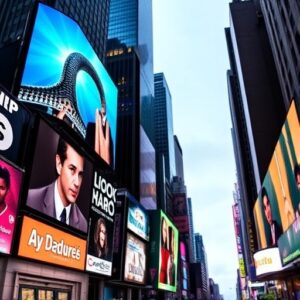 In a busy cityscape, bright billboards showcase diverse ads—featuring a large watch and vibrant people—reflecting the dynamic appeal of social media growth services like image-1734399347401. Tall buildings emphasize the vibrant urban focus on targeted audience growth strategies.