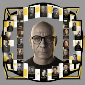 The "image-456828437986" displays a bald man with glasses at the center, encircled by smaller portraits and text, set against a gray and yellow background, resembling an IMDb profile creation service gallery.