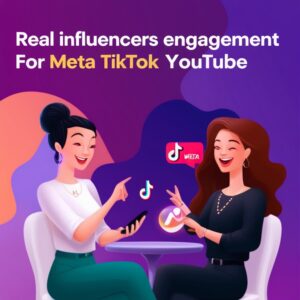 Illustration of two women at a table, each with a smartphone. Hovering icons: TikTok, Meta, YouTube. Text: "Engage real influencers on Meta, TikTok, YouTube with top social media marketing experts." Background features a purple to orange gradient. Product ID: image-863726256377.