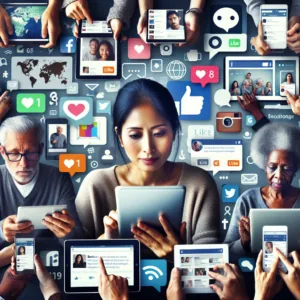 A diverse group of people of all ages using smartphones and tablets, enveloped by floating social media icons such as hearts, thumbs-up signs, and speech bubbles, embodies connectivity and digital interaction within a global community. Product Name: 1729538208_2033_6835.