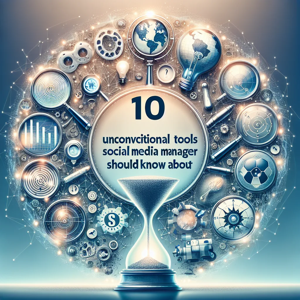 The design of product 1731604824_2033_5814 showcases an hourglass with gears, magnifying glasses, charts, and globes around the text "10 unconventional tools social media managers should know about," blending technology and creativity.