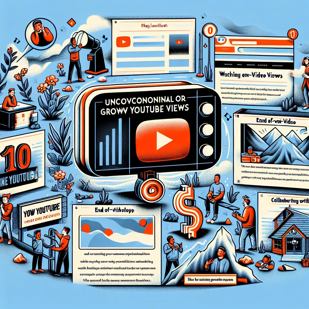 Illustrated infographic showing YouTube growth strategies like video creation, end screens, collaborations, and monetization tips in colorful cartoon style, featuring creators at work. Product: 1736706329_2033_6868.