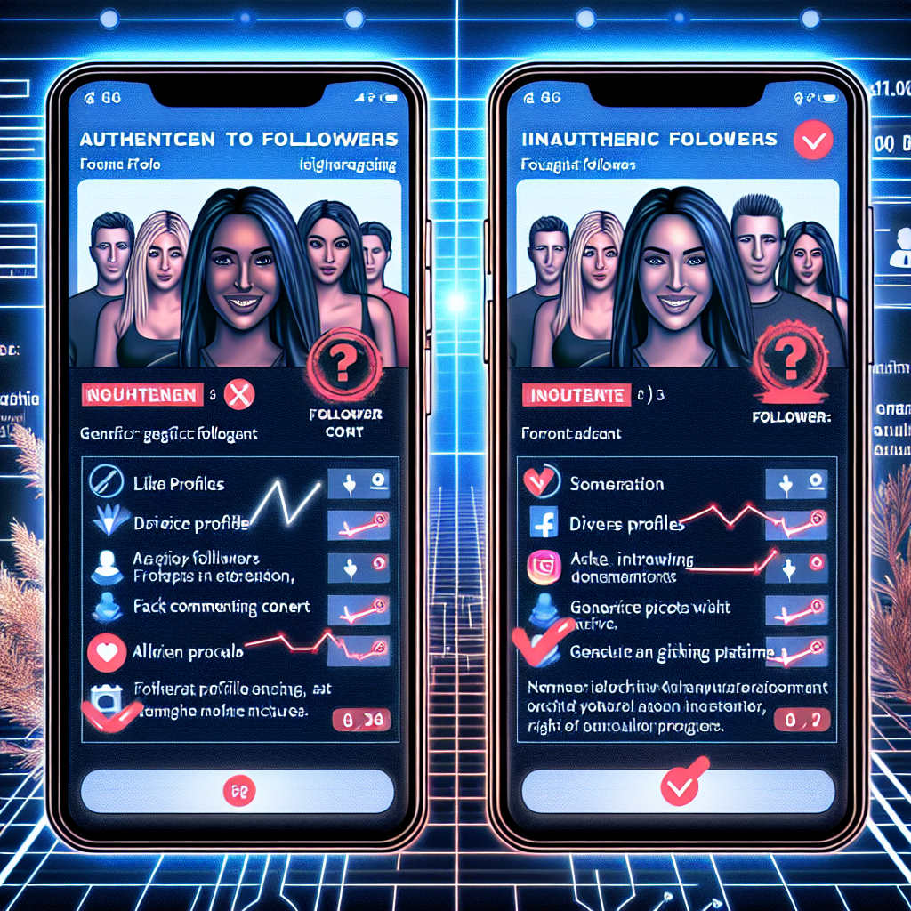 Two smartphone screens from product 1737340460_2033_6885 display apps analyzing social media followers. The left screen shows "Authentic Followers" with positive icons, while the right shows "Inauthentic Followers" with warning icons. Both screens feature profile photos and digital backgrounds.