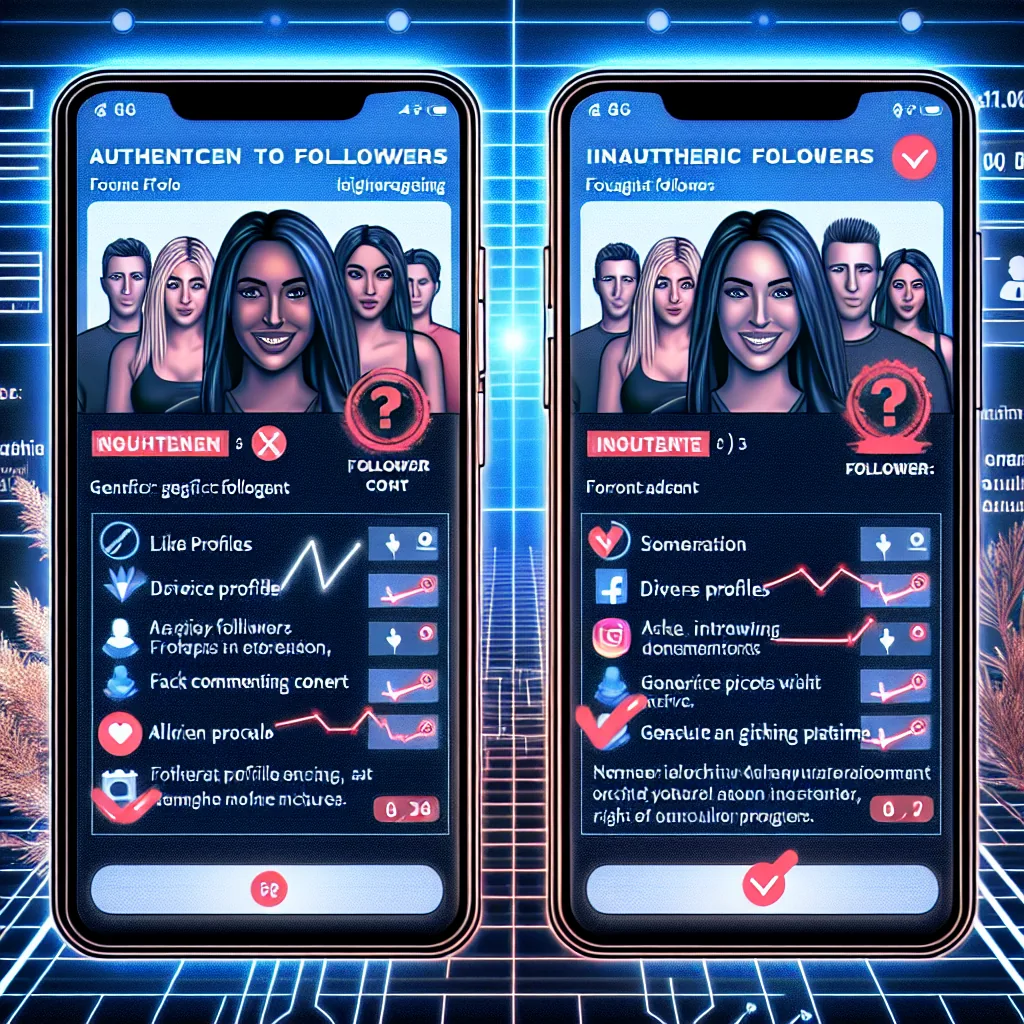 Two smartphone screens from product 1737340460_2033_6885 display apps analyzing social media followers. The left screen shows "Authentic Followers" with positive icons, while the right shows "Inauthentic Followers" with warning icons. Both screens feature profile photos and digital backgrounds.