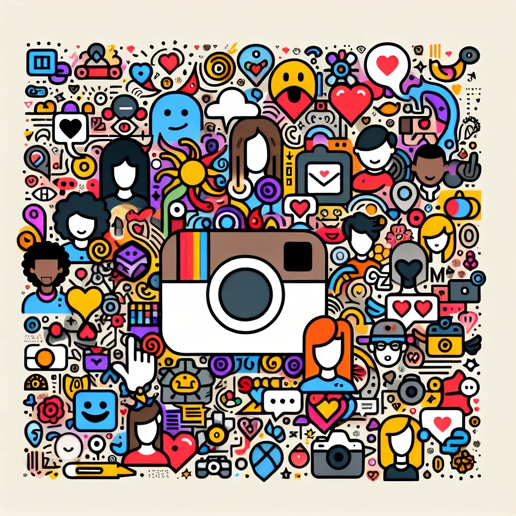 The product 1738360805_2033_6887 features a vibrant Instagram-themed illustration with diverse people icons, hearts, music notes, cameras, and social media symbols surrounding a central Instagram logo. This busy design reflects social interaction and connectivity.