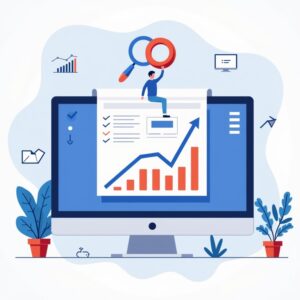 An illustration titled "image-1645842024866" depicts a computer screen with graphs, charts, and a person with a magnifying glass on top, surrounded by plants and icons symbolizing business analytics, data, and Google Rankings improvement strategies.