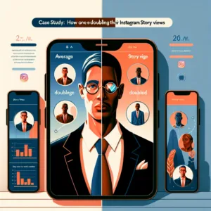 Case study illustration of increased Instagram Story views: Central smartphone displays a suited man on split screens with charts and profiles; additional smartphones show graphs and user icons, representing data analytics. Product Name: 1740404782_2033_6894.
