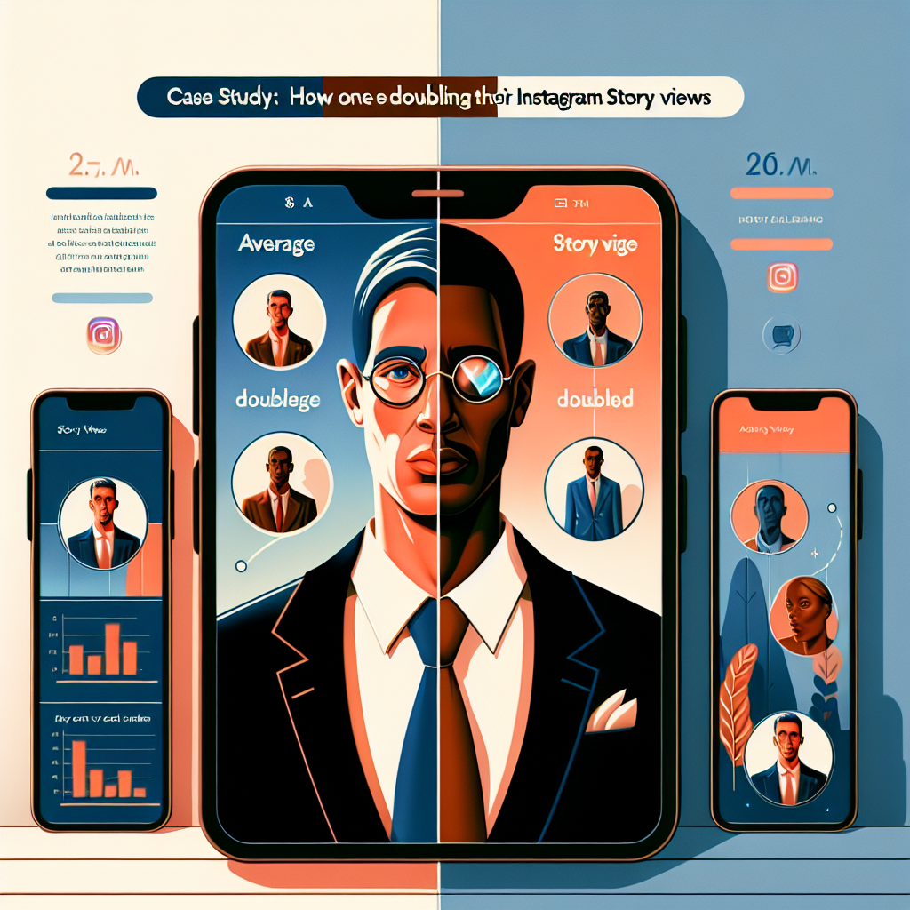 Case study illustration of increased Instagram Story views: Central smartphone displays a suited man on split screens with charts and profiles; additional smartphones show graphs and user icons, representing data analytics. Product Name: 1740404782_2033_6894.