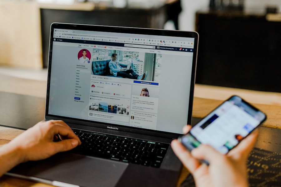 Image-3 depicts a person looking at a Facebook profile on a laptop while holding a smartphone with the same page. It looks like they're in a casual workspace.