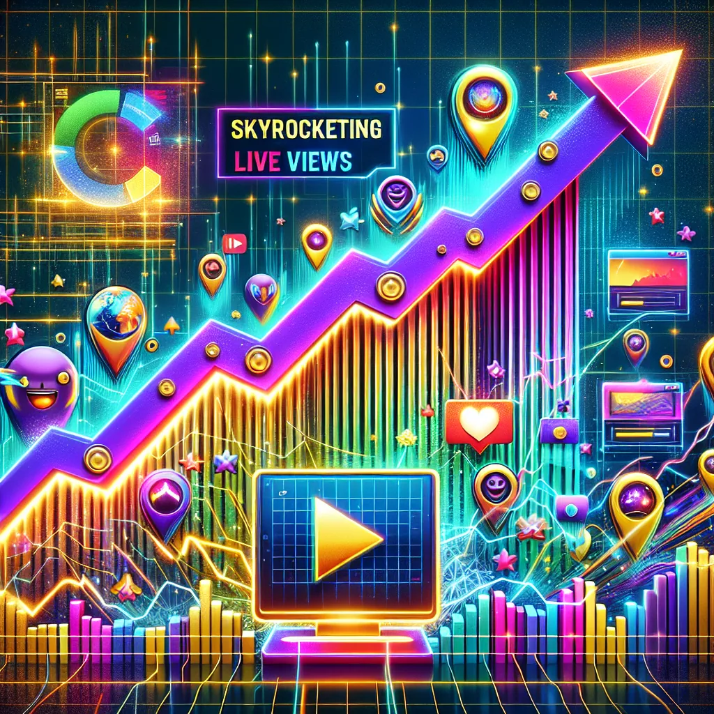 A vibrant digital illustration titled "1742301674_2033_7202-1" features a graph with a rising pink arrow labeled "Skyrocketing Live Views," surrounded by icons like a play button, hearts, and location markers, symbolizing media and connectivity.