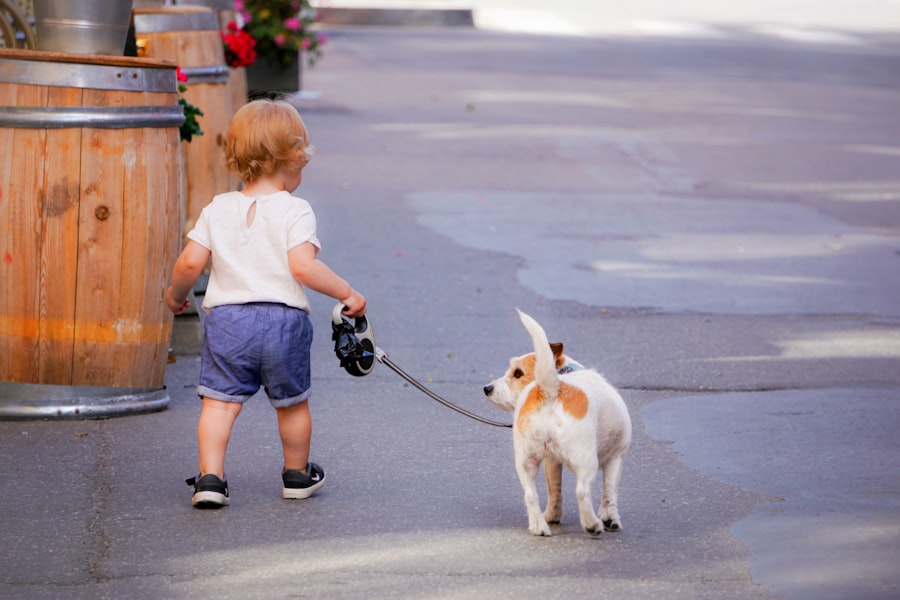 A young child in a white shirt and blue shorts walks a small dog on a leash down the street. Wooden barrels and flowers line the side. The scene is sunny and calm. Product: abcdhe-2.