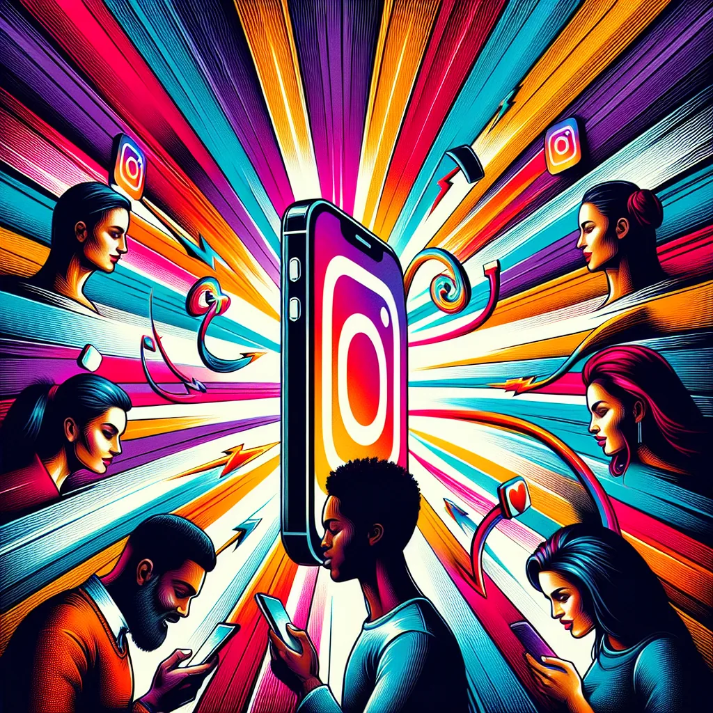 An illustration of diverse people using smartphones, all facing a large phone with the Instagram logo. Colorful rays and social icons radiate outward, symbolizing online connection. Product: 1746068477_2033_15521.