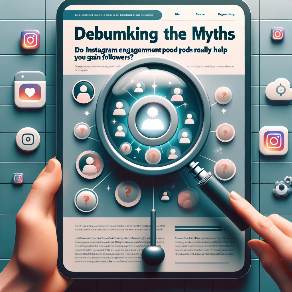 A person holds the 1746432089_2033_15522 tablet showing an article titled "Debunking the Myths: Do Instagram engagement pods really help you gain followers?" with icons, a magnifying glass, and Instagram logos around the screen.