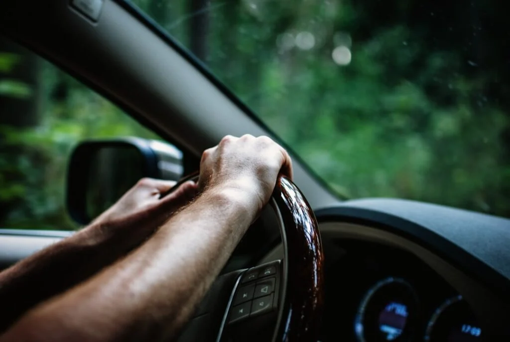 A close-up of hands gripping the steering wheel in image-2, with a blurred view of green trees outside the driver's window. The dashboard and side mirror are partially visible.