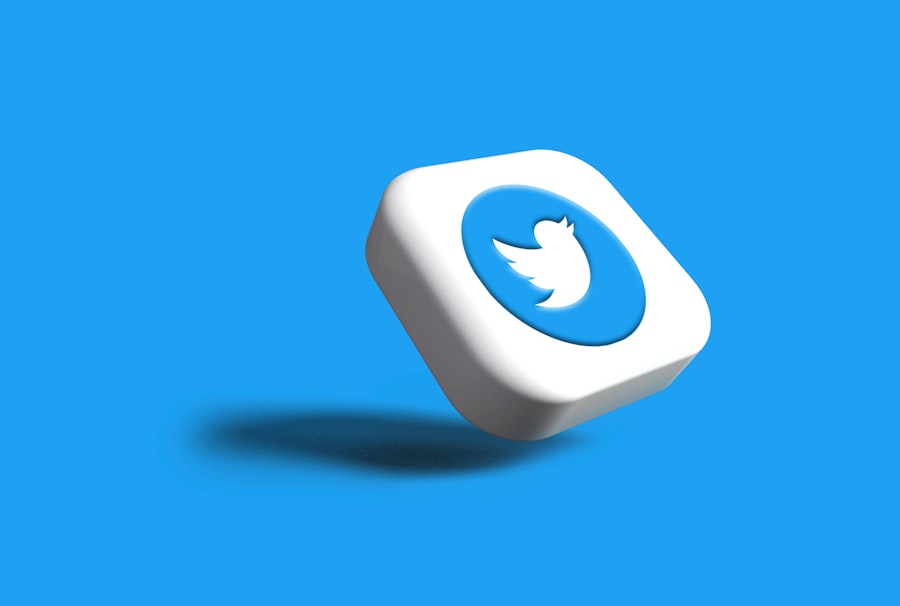The image-7 product shows a 3D square icon featuring the white Twitter bird logo on a blue circular background, floating above a matching blue surface with a visible shadow underneath.