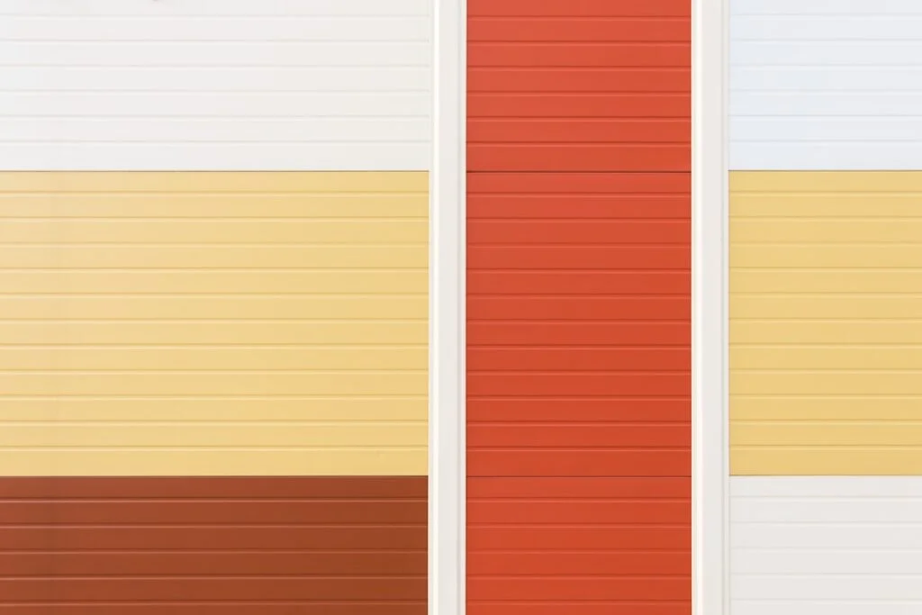 Image-6 features a minimalist wall design with horizontal panels in white, beige, yellow, orange, and red, separated by vertical white strips for a striking geometric color-block effect.