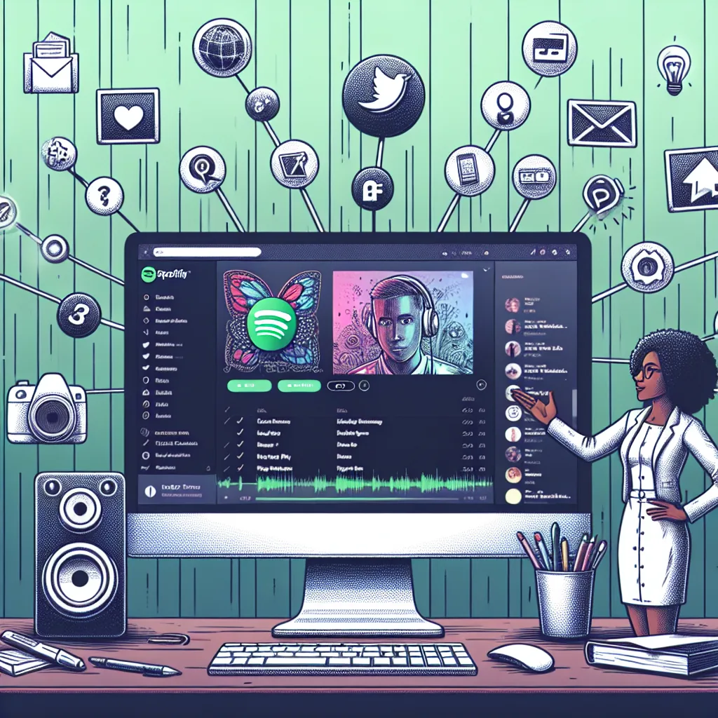 A woman in business attire points to the 1755117145_2033_37317445 desktop, displaying Spotify and surrounded by social media, music, photo, and email icons in a colorful, organized workspace.