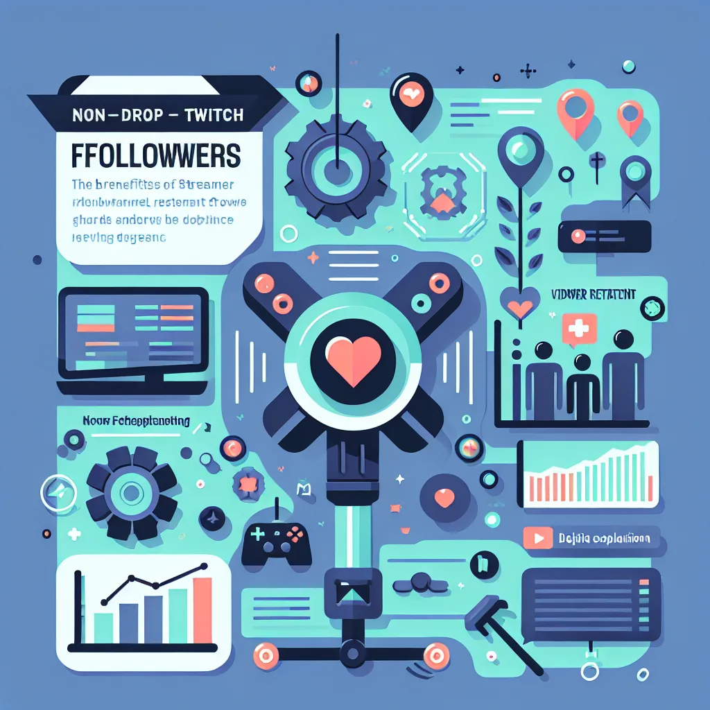 Infographic for product 1756002695_2033_35367087 on boosting Twitch followers, with icons (heart, gears, charts, pins, people) and sections covering video retention, viewer engagement, and streamer benefits.