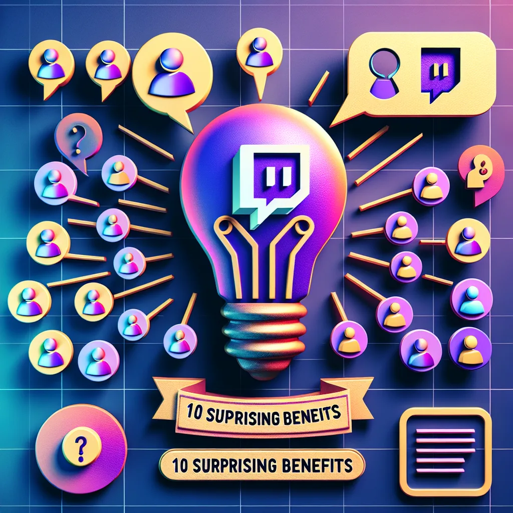 A vibrant illustration features the Twitch logo in a lightbulb, surrounded by user icons, speech bubbles, and "10 Surprising Benefits" banners on a tech-themed grid, promoting product 1756463515_2033_4381381.