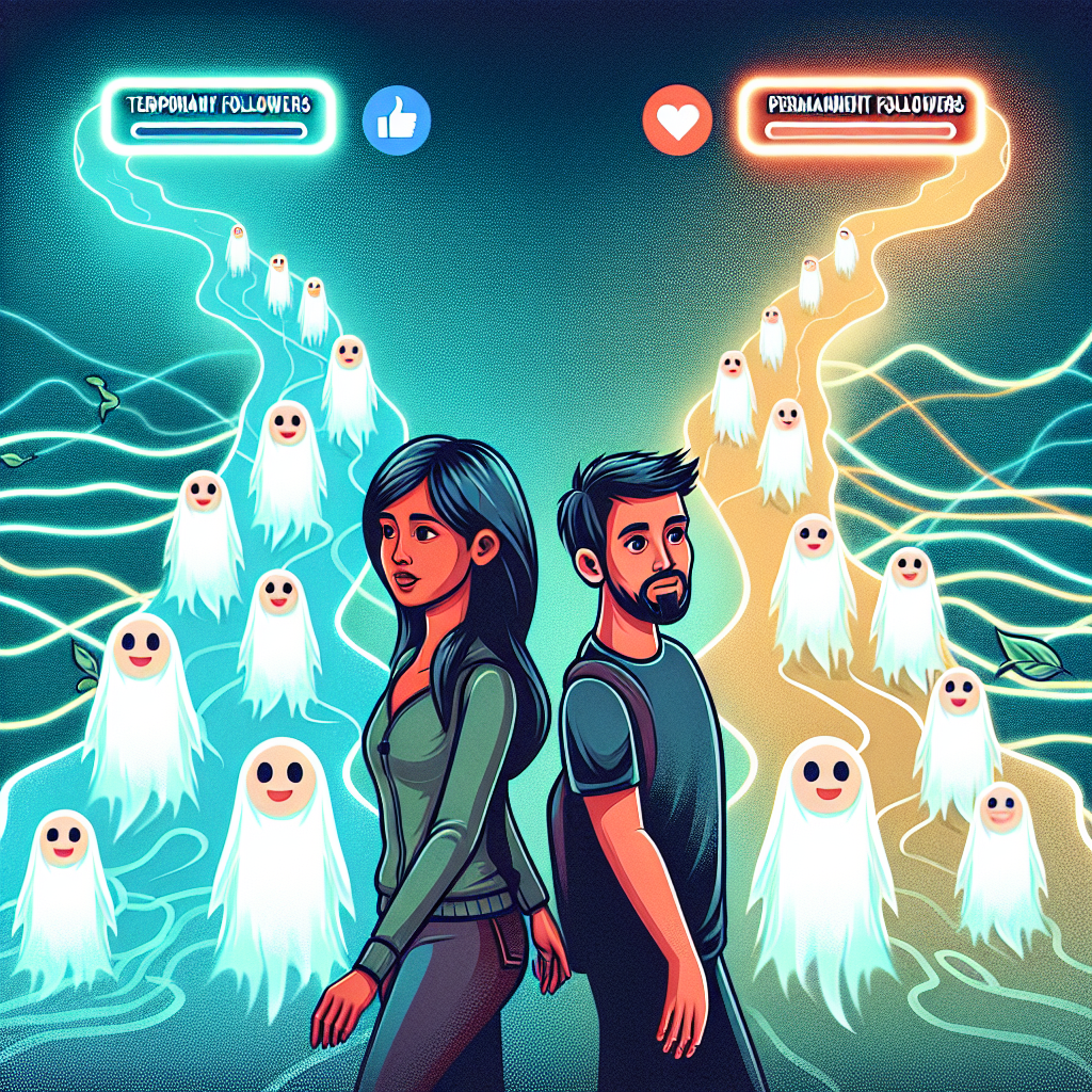 In a neon-lit scene, a man and woman stand back to back among ghostly shapes. Above them, "Temporary Followers" with a thumbs up and "Permanent Followers" with a heart are shown. Product: 1756865857_2033_95175758.