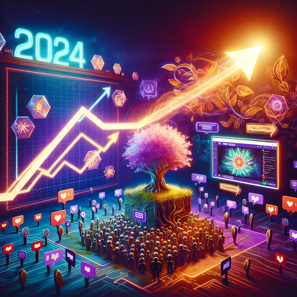 A vibrant tree and rising arrow highlight growth in 2024 for product 1757729818_2033_83057878, surrounded by digital screens, social media icons, and virtual charts to illustrate tech-driven online community engagement.