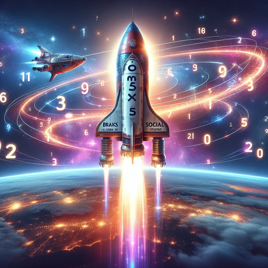 A product labeled "1758126783_2033_68647775" launches from Earth, glowing with orange and blue flames. Numbers and mathematical symbols swirl around it in space, with another spaceship and a starry background visible.