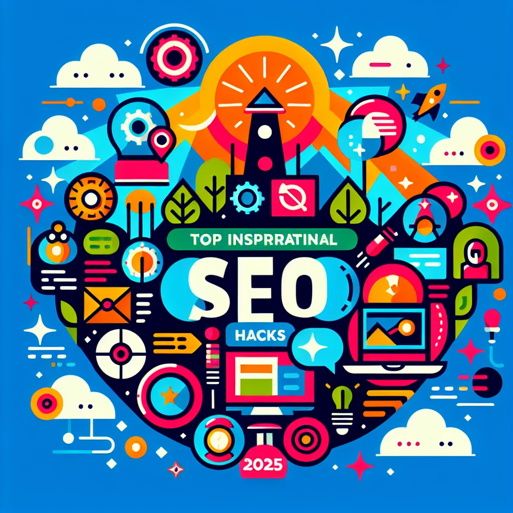 Colorful illustration with SEO, tech, and analytics icons around “Top Inspirational SEO Hacks 2025” on a blue backdrop featuring clouds, charts, and gears. Product: 1758572214_2033_18673552.
