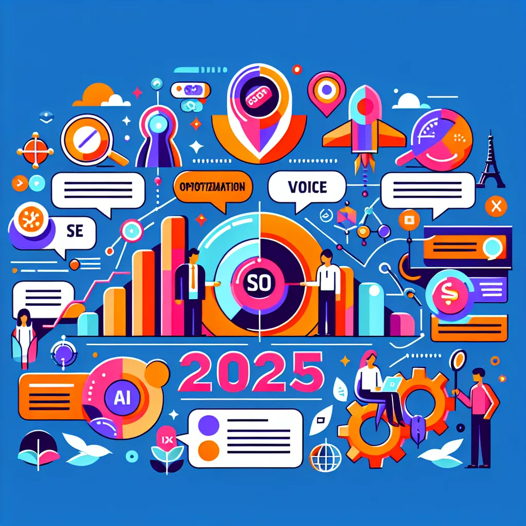Vivid illustration titled 1759032103_2033_48474714 shows digital marketing concepts for 2025—charts, speech bubbles, gears, AI, SEO, people, rockets, and location pins—all set on a blue background.