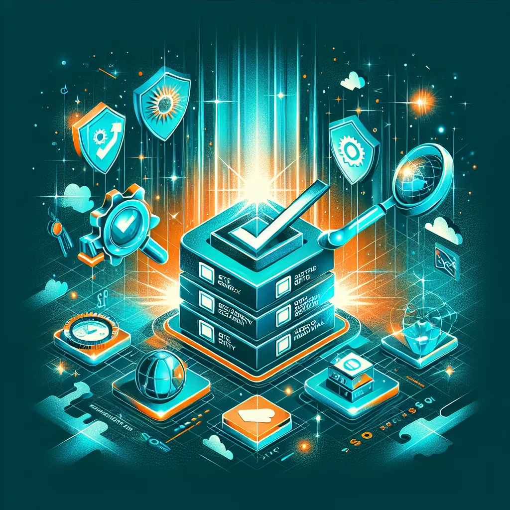 A vibrant digital illustration for product 1759477622_2033_64456023 depicts secure data storage with checkmarks, shields, gears, cloud icons, and a magnifying glass, symbolizing cybersecurity and data protection in a connected network.