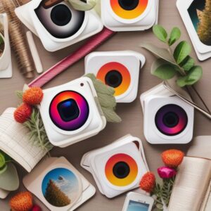 A flat lay of image-1147329503922 showcases square photo prints with vibrant gradients and nature shots, arranged with books, scissors, flowers, and leaves for a creative, Instagram-inspired look.