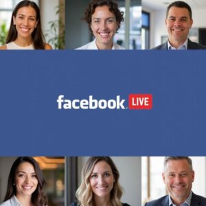 A collage from image-825143453784 shows six smiling professionals—three on top, three below—with a blue Facebook Live Stream logo centered between them for a potential Viral Boost.