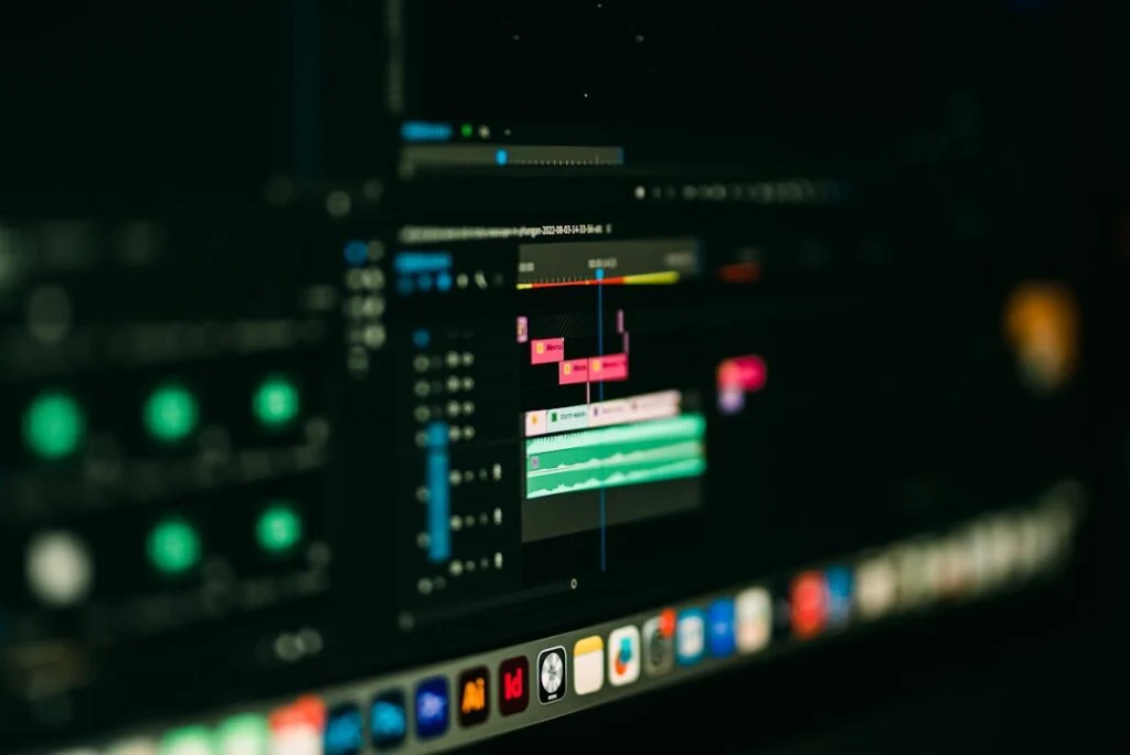 The computer screen in image-1 shows a video editing software interface with multiple tracks, colorful clips, audio waveforms, and a dock at the bottom featuring several application icons.