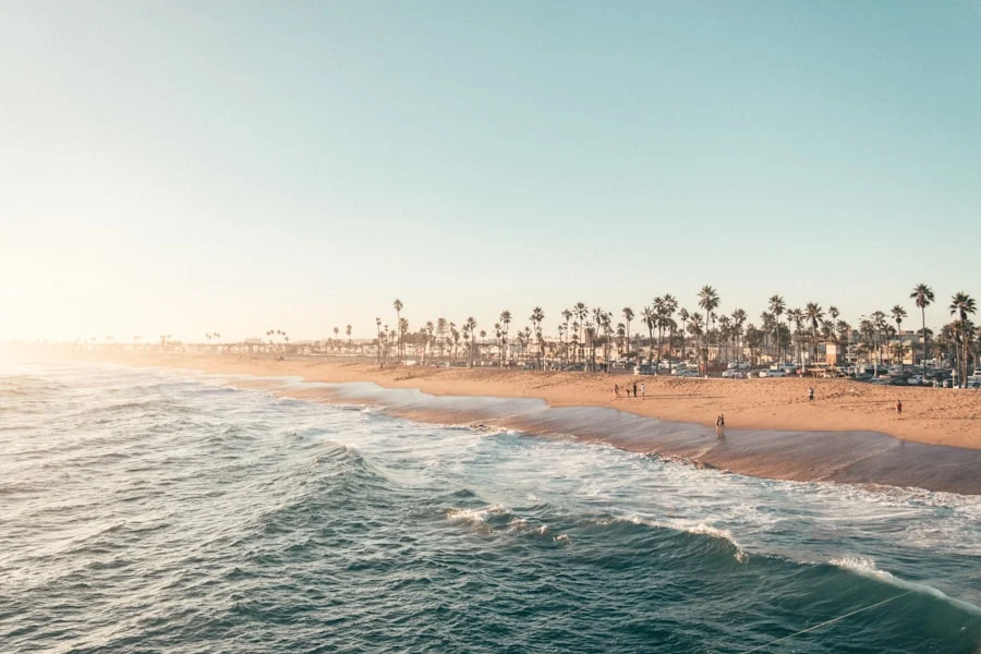 Image-10 depicts a sandy beach lined with palm trees at sunset, gentle waves on the shore, and people strolling along the water beneath a clear blue sky.