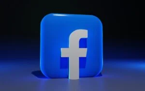 The image-5 product displays a 3D rendering of Facebook's logo: a white lowercase "f" on a glossy blue square, set against a dark gradient background.