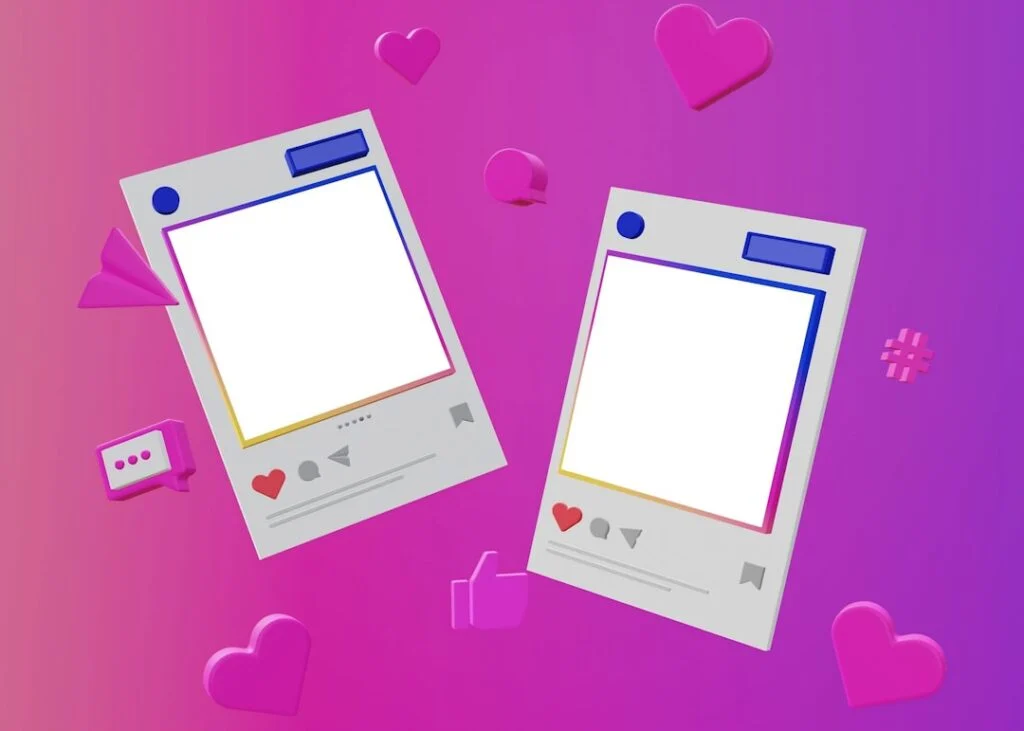 Image-17 features two stylized social media post templates with blank photo spaces on a pink and purple gradient background, accented by 3D icons like hearts, chat bubbles, a thumbs-up, and a hashtag.