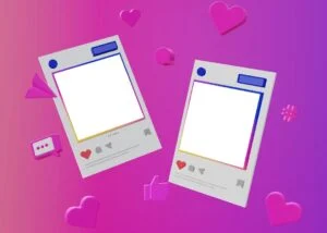 Image-17 features two stylized social media post templates with blank photo spaces on a pink and purple gradient background, accented by 3D icons like hearts, chat bubbles, a thumbs-up, and a hashtag.