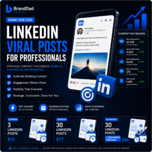 An ad for ChatGPT Image Jun 15, 2026, 04_53_48 PM features a phone with a LinkedIn post, service packages, and LinkedIn Engagement stats. Icons emphasize visibility, authority, and strategic content for professionals.