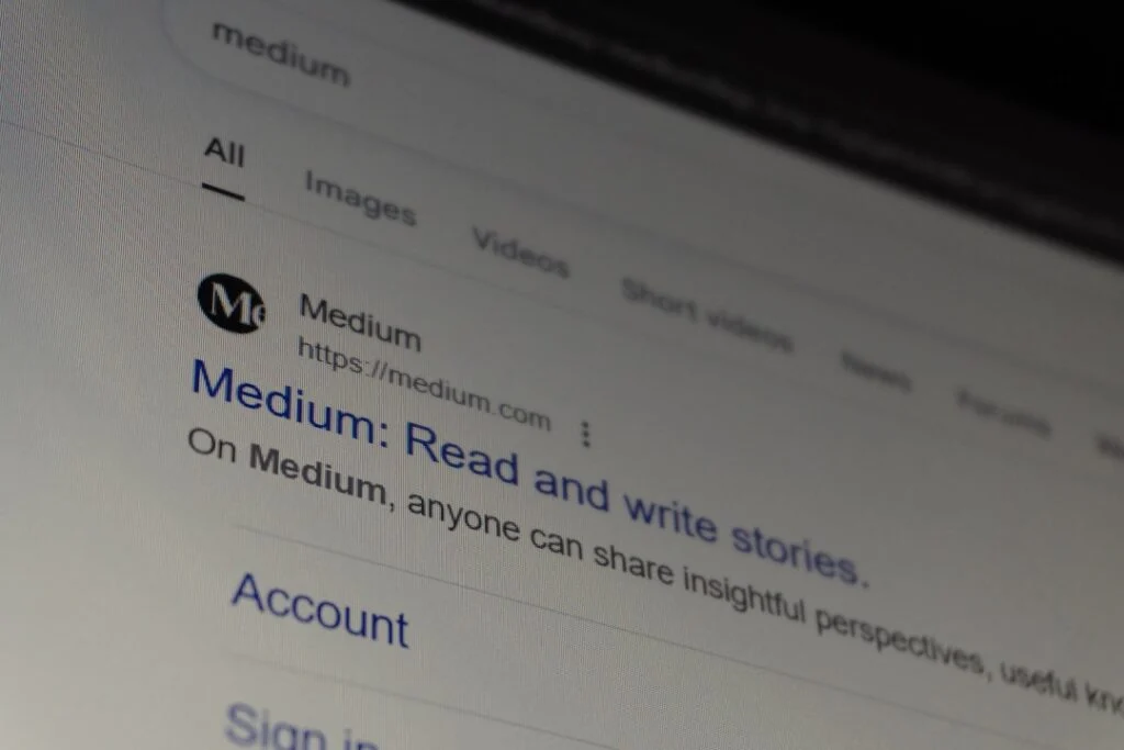 Image-1 shows a computer screen with a Google search result for "Medium," featuring the Medium website link and the description: "Medium: Read and write stories. On Medium, anyone can share insightful perspectives.