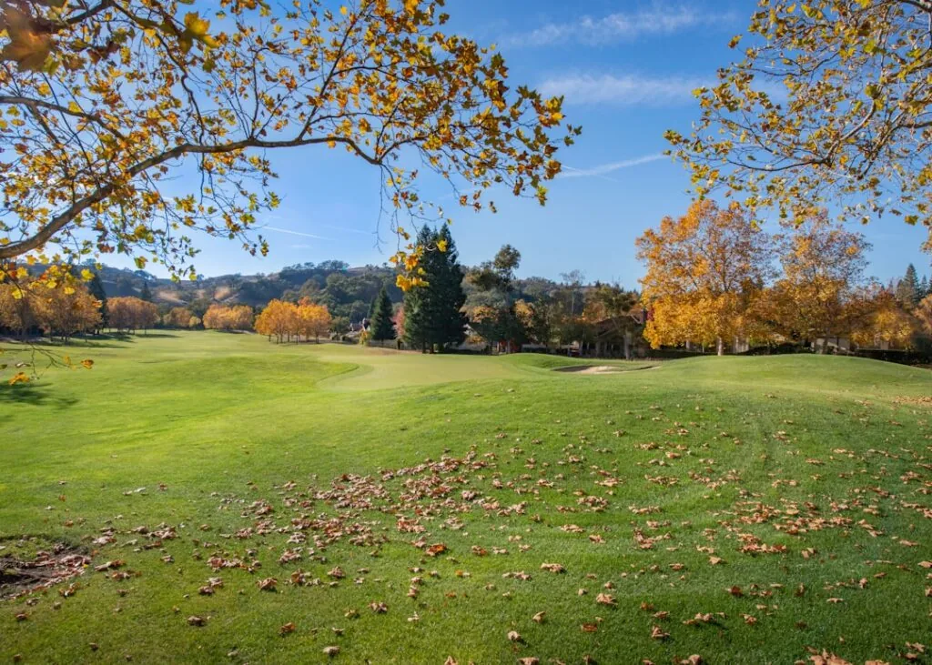 The image shows a golf course with lush green grass, scattered autumn leaves, and trees with yellow and orange foliage beneath a clear blue sky. Rolling hills and distant trees appear in the background.
