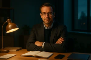A man in glasses and a suit sits at a desk with an open notebook, lamp, phone, and laptop, looking confidently at the camera in a warmly lit office at night—perfectly embodying the message of “Visibility Without Trust Is Just Noise.”.
