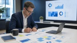 A man in a suit works at a desk with charts and papers, taking notes as he analyzes seo-buying-intent-keywords data. A laptop, coffee mug, and notebook are on the desk. A large screen behind him displays graphs and data visualizations related to seo-buying-intent-keywords.