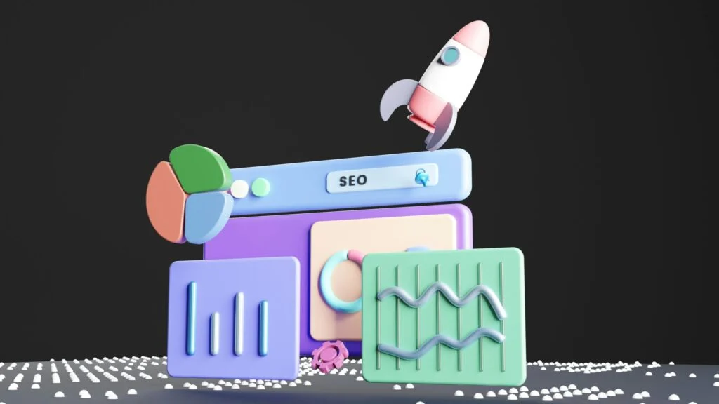 3D illustration from 040920261788484601.jpeg featuring colorful SEO icons such as a browser window, pie chart, graphs, a gear, and a rocket taking off, arranged on a dotted surface against a dark background.