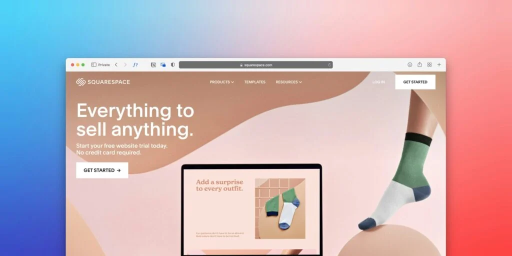 The homepage of the Squarespace website features the text “Everything to sell anything,” alongside a laptop displaying 220920261790039805.jpeg—an image of socks—and a leg wearing colorful socks set against a pastel abstract background.